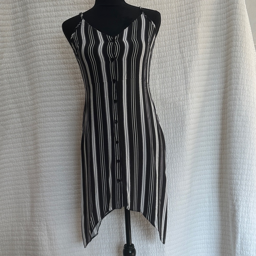 ASOS Black White Asymmetrical High Low Spaghetti Strap V Neck Mini Dress Size 6